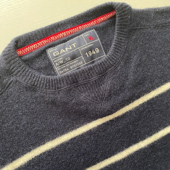 GANT Crew Neck Lambswool Navy Striped Sweater Padded Elbows Sz Large - Picture 11 of 16